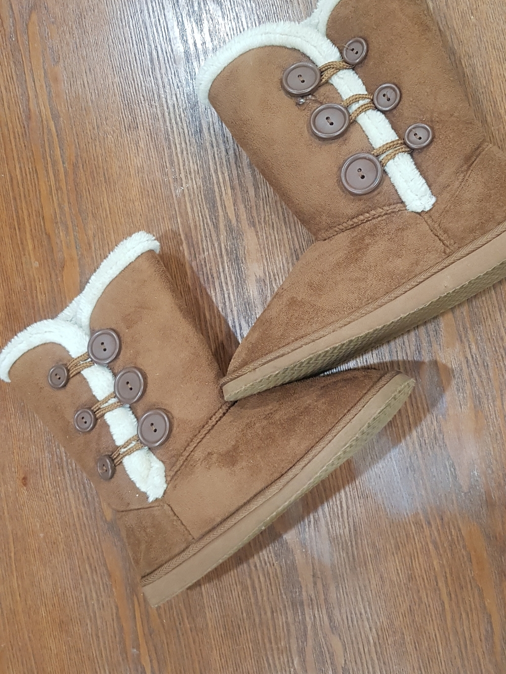 No Boundaries Brown Faux-Suede Button Winter Boots with White Sherpa Trim
